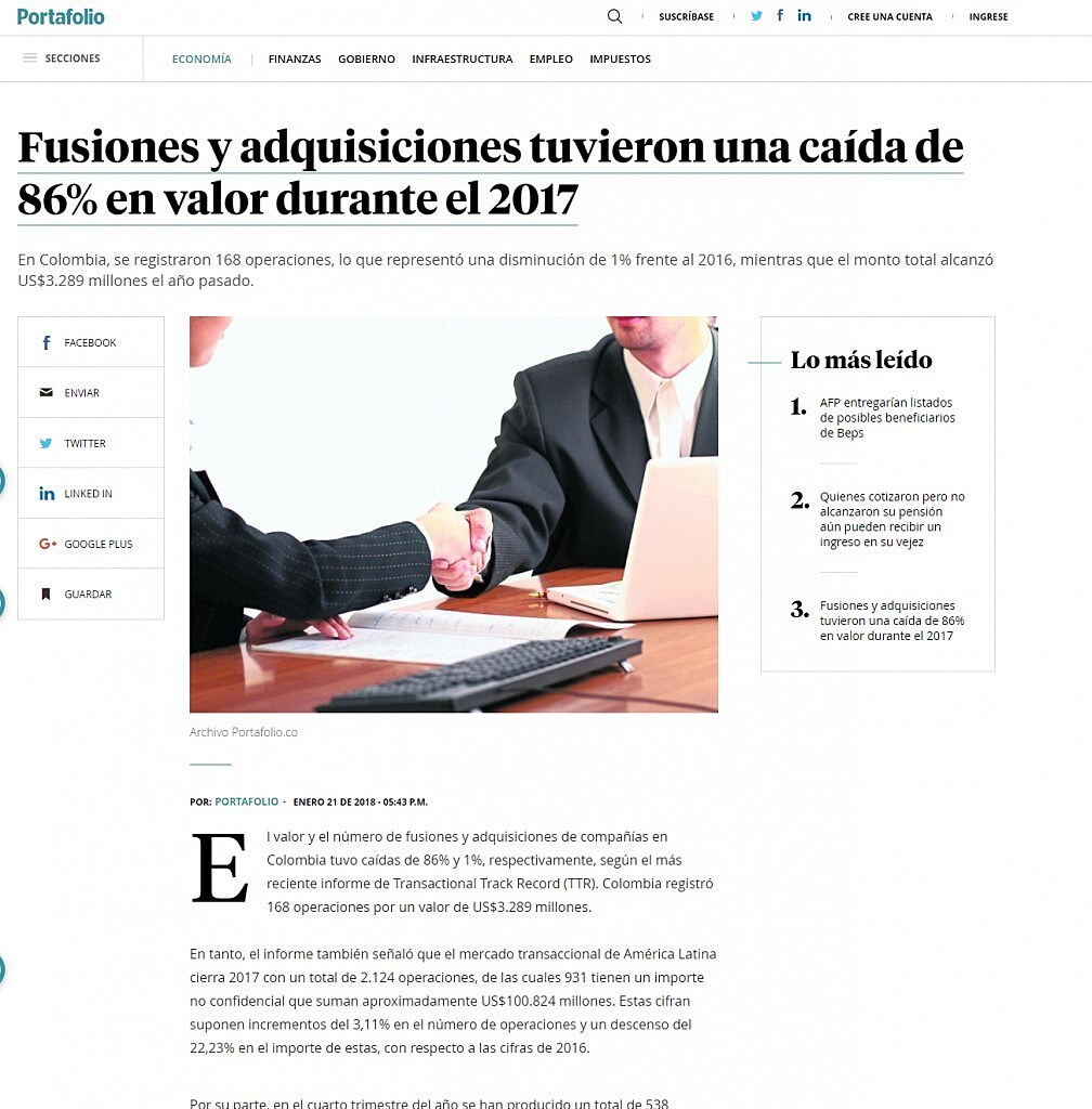 Fusiones y adquisiciones tuvieron una cada de 86% en valor durante el 2017